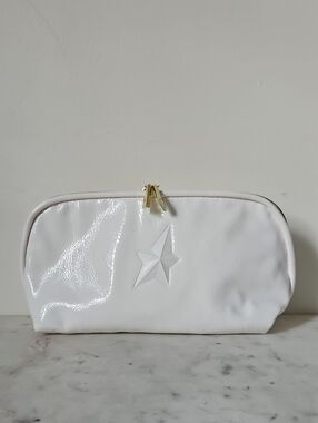 THIERRY MUGLER: NEW Glam White Logo Cosmetic Pouch with Gold Logo Hardware